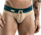 Beige swim brief with navy waistband and 'Clever' brand logo on a beige background